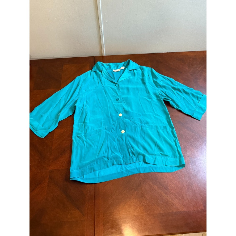 VTG Victoria's Secret 100% Silk Blouse Teal Button Front Top M Read